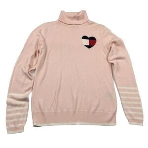 Tommy Hilfiger Turtleneck Sweater Womens Size M Pink Logo Heart Long Sleeve Soft